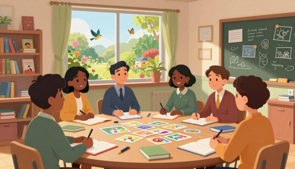 A cozy, warmly lit classroom setting filled with whimsical elements of storytelling. In the foreground, a diverse group of teachers, dressed in professional attire, are engaged in a collaborative brainstorming session around an oversized table scattered with colorful notebooks, pens, and flashcards. In the middle ground, a large window reveals a beautiful view of a vibrant garden outside, with birds and butterflies flitting about, symbolizing creativity and inspiration. The background features a chalkboard filled with creative writing ideas and illustrations, along with shelves brimming with children's books. Soft, natural light filters in through the window, casting gentle shadows, creating an inviting and imaginative atmosphere that fosters creativity and collaboration. A cozy, warmly lit classroom setting filled with whimsical elements of storytelling. In the foreground, a diverse group of teachers, dressed in professional attire, are engaged in a collaborative brainstorming session around an oversized table scattered with colorful notebooks, pens, and flashcards. In the middle ground, a large window reveals a beautiful view of a vibrant garden outside, with birds and butterflies flitting about, symbolizing creativity and inspiration. The background features a chalkboard filled with creative writing ideas and illustrations, along with shelves brimming with children's books. Soft, natural light filters in through the window, casting gentle shadows, creating an inviting and imaginative atmosphere that fosters creativity and collaboration.