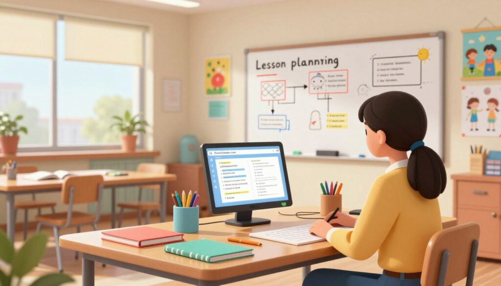 A cozy, well-organized classroom environment focused on lesson planning. In the foreground, a teacher in smart casual attire is seated at a desk, surrounded by colorful notebooks, lesson plan templates, and digital devices showcasing FlowScholar.com. The middle ground features a whiteboard filled with diagrams and notes, with vibrant classroom decorations like educational posters and student art. In the background, large windows allow natural light to flood the scene, creating a warm and inviting atmosphere. The composition should use a soft focus on the background, enhancing the feeling of creativity and organization. Capture the mood of inspiration and effective teaching strategies in action, highlighting the art of lesson design in a supportive educational setting. Use a wide angle to encompass the entire space. A cozy, well-organized classroom environment focused on lesson planning. In the foreground, a teacher in smart casual attire is seated at a desk, surrounded by colorful notebooks, lesson plan templates, and digital devices showcasing FlowScholar.com. The middle ground features a whiteboard filled with diagrams and notes, with vibrant classroom decorations like educational posters and student art. In the background, large windows allow natural light to flood the scene, creating a warm and inviting atmosphere. The composition should use a soft focus on the background, enhancing the feeling of creativity and organization. Capture the mood of inspiration and effective teaching strategies in action, highlighting the art of lesson design in a supportive educational setting. Use a wide angle to encompass the entire space.