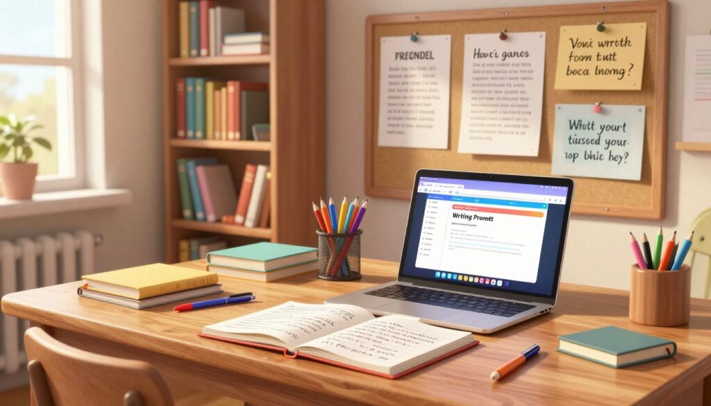 A cozy, well-organized teacher's workspace filled with educational materials. In the foreground, an elegant wooden desk with an open notebook filled with handwritten writing prompts and colorful pens scattered around. A laptop displays an interface of a writing prompt generator, with vibrant colorful tabs. In the middle, a bulletin board showcases creative posters featuring various writing genres, pinned with uplifting motivational quotes. In the background, tall shelves filled with books on writing and pedagogy create a scholarly atmosphere. The scene is softly illuminated by warm, natural light coming through a window, casting gentle shadows. The overall mood is inspiring and conducive to creativity, making it a perfect environment for teachers to develop engaging class activities. A cozy, well-organized teacher's workspace filled with educational materials. In the foreground, an elegant wooden desk with an open notebook filled with handwritten writing prompts and colorful pens scattered around. A laptop displays an interface of a writing prompt generator, with vibrant colorful tabs. In the middle, a bulletin board showcases creative posters featuring various writing genres, pinned with uplifting motivational quotes. In the background, tall shelves filled with books on writing and pedagogy create a scholarly atmosphere. The scene is softly illuminated by warm, natural light coming through a window, casting gentle shadows. The overall mood is inspiring and conducive to creativity, making it a perfect environment for teachers to develop engaging class activities.
