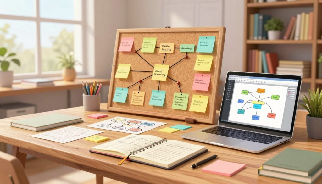 A creative workspace featuring a large wooden desk cluttered with colorful sticky notes, index cards, and diagrams illustrating knowledge structure categories and tags. In the foreground, a neatly organized notepad with handwritten notes lies beside a laptop with an open mind-mapping software. The middle ground displays a corkboard filled with interconnected strings linking various concepts and topics, showcasing the process of organizing knowledge. The background reveals a bright, well-lit room with bookshelves filled with organized books, plants adding a touch of greenery, and large windows allowing natural light to flood the scene. The atmosphere is one of productivity and inspiration, with soft shadows and a warm color palette to evoke a feeling of comfort and creativity.