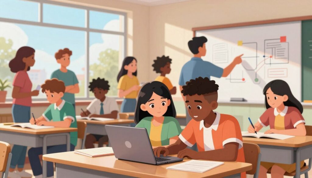 A diverse group of middle school and high school students engaging collaboratively in a modern classroom environment. In the foreground, a pair of students—one of Asian descent and another Black—are reviewing study materials on a laptop, showing focused expressions of determination. In the middle ground, several other students of varying ethnicities are animatedly discussing concepts while pointing at diagrams on a whiteboard. The background features large windows allowing for ample natural light, enhancing the welcoming atmosphere. The lighting is bright and cheerful, with sunlight streaming through the windows. The overall mood is one of enthusiasm and teamwork, reflecting a vibrant learning environment where students are supported in their academic goals. A diverse group of middle school and high school students engaging collaboratively in a modern classroom environment. In the foreground, a pair of students—one of Asian descent and another Black—are reviewing study materials on a laptop, showing focused expressions of determination. In the middle ground, several other students of varying ethnicities are animatedly discussing concepts while pointing at diagrams on a whiteboard. The background features large windows allowing for ample natural light, enhancing the welcoming atmosphere. The lighting is bright and cheerful, with sunlight streaming through the windows. The overall mood is one of enthusiasm and teamwork, reflecting a vibrant learning environment where students are supported in their academic goals.