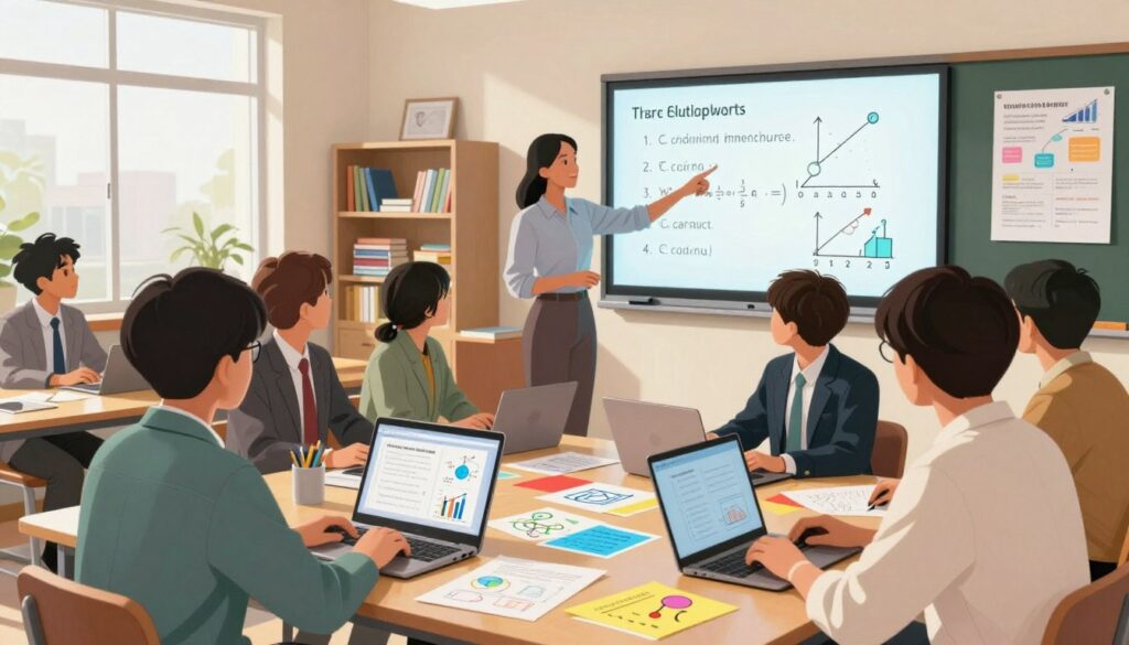 A diverse group of students in a bright, modern classroom, engaged in customizing their math curriculum. In the foreground, two students collaborate at a table, using laptops and colorful papers filled with diagrams and graphs, showcasing their creative ideas. In the middle ground, a teacher guides another small group, pointing to a digital whiteboard that displays customized math problems tailored to various learning styles. The background features shelves filled with educational resources and posters promoting math concepts. Soft natural lighting pours in through large windows, creating an inviting atmosphere. The students are dressed in professional business attire, exuding focus and teamwork. Overall, the scene conveys an atmosphere of innovation, collaboration, and dedicated learning tailored to individual needs.