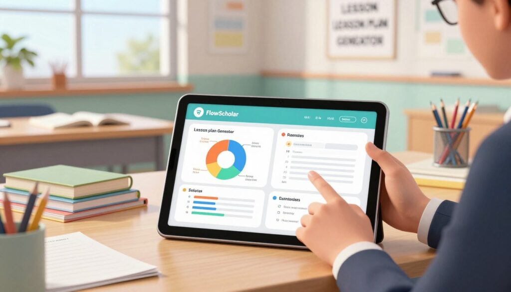 A dynamic and engaging workspace scene centered on a digital tablet displaying an innovative interface for a substitute lesson plan generator. In the foreground, hands of a professional teacher, dressed in smart business attire, are interacting with the tablet, showcasing colorful charts and lesson templates. The middle ground features a well-organized desk cluttered with educational materials—books, stationery, and a motivational poster about teaching. The background shows a bright, modern classroom with windows allowing natural light to illuminate the space, enhancing a creative and productive atmosphere. The overall mood is one of excitement and efficiency, clearly emphasizing FlowScholar's role in streamlining lesson planning for substitutes. Capture this scene with soft focus on the background and sharp detail on the tablet, using bright, inviting colors to evoke inspiration. A dynamic and engaging workspace scene centered on a digital tablet displaying an innovative interface for a substitute lesson plan generator. In the foreground, hands of a professional teacher, dressed in smart business attire, are interacting with the tablet, showcasing colorful charts and lesson templates. The middle ground features a well-organized desk cluttered with educational materials—books, stationery, and a motivational poster about teaching. The background shows a bright, modern classroom with windows allowing natural light to illuminate the space, enhancing a creative and productive atmosphere. The overall mood is one of excitement and efficiency, clearly emphasizing FlowScholar's role in streamlining lesson planning for substitutes. Capture this scene with soft focus on the background and sharp detail on the tablet, using bright, inviting colors to evoke inspiration.