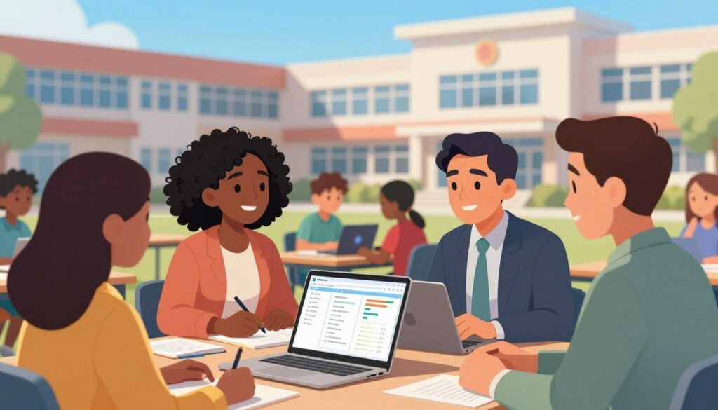 A dynamic scene depicting how FlowScholar.com supports school districts on their educational journey. In the foreground, a diverse group of educators, including a Black woman and a Hispanic man in professional attire, engaged in a collaborative discussion around a laptop loaded with educational data analytics. The middle ground showcases a vibrant classroom filled with students of various backgrounds interacting with AI-driven educational tools. In the background, a modern school building under a clear blue sky, symbolizing innovation and progress. Soft, warm lighting illuminates the scene, creating an inviting and hopeful atmosphere that emphasizes a sense of teamwork and exploration in AI in education. The composition should be from a slightly elevated angle, giving an engaging perspective of the interaction.