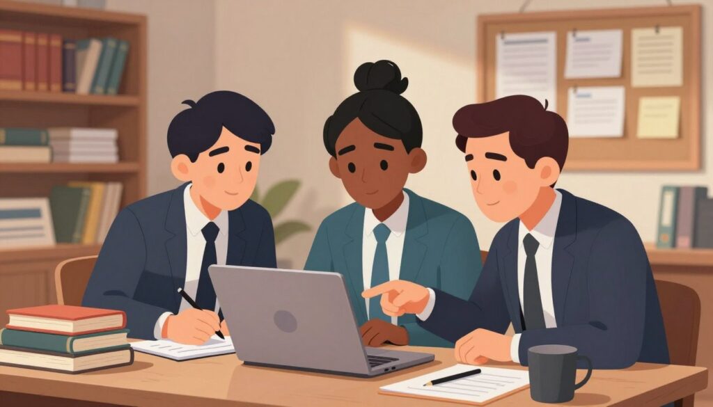 A focused scene illustrating the process of verifying online source credibility. In the foreground, a diverse group of three individuals, depicted in professional business attire, are intently engaged around a laptop, with one person pointing at the screen, conveying a sense of collaboration and inquiry. In the middle ground, elements like a stack of books, notepads, and digital devices surround them, symbolizing research tools. The background features a soft-lit office environment with shelves lined with reference materials and a bulletin board filled with notes, creating an atmosphere of a diligent research space. The lighting is warm and inviting, enhancing the mood of focus and determination, captured from a slightly angled perspective to draw viewers into the scene. A focused scene illustrating the process of verifying online source credibility. In the foreground, a diverse group of three individuals, depicted in professional business attire, are intently engaged around a laptop, with one person pointing at the screen, conveying a sense of collaboration and inquiry. In the middle ground, elements like a stack of books, notepads, and digital devices surround them, symbolizing research tools. The background features a soft-lit office environment with shelves lined with reference materials and a bulletin board filled with notes, creating an atmosphere of a diligent research space. The lighting is warm and inviting, enhancing the mood of focus and determination, captured from a slightly angled perspective to draw viewers into the scene.