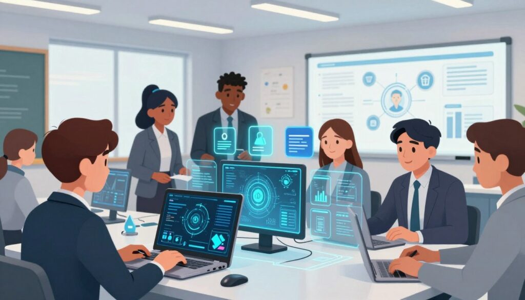 A futuristic classroom setting focused on digital hygiene, featuring diverse students in professional business attire engaged with advanced AI cybersecurity tools. In the foreground, one student is using a sleek laptop displaying a cybersecurity dashboard, while another interacts with a holographic interface showcasing various cybersecurity applications. The middle ground reveals students collaborating around a shared computer, with visual elements like graphs and security alerts emerging above the screen. In the background, a high-tech whiteboard displays infographics on digital safety practices. The room is brightly lit with modern LED lighting, creating an atmosphere of innovation and focus, captured with a slightly elevated angle to emphasize the dynamic learning environment.