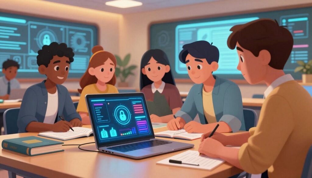 A futuristic digital classroom scene focused on an AI-powered education tool for cybersecurity. In the foreground, a sleek laptop displays colorful graphs and security analytics, surrounded by study materials like textbooks and notepads. In the middle ground, a diverse group of students, dressed in professional casual attire, collaborate around the laptop, engaged in a discussion about online safety. The background features a high-tech, modern classroom with virtual screens showcasing educational cybersecurity themes, illuminated by warm, ambient lighting to create a productive atmosphere. The angle should emphasize the interaction between the students and the technology, capturing a sense of focus and teamwork, while the overall mood is one of empowerment and innovation in learning. A futuristic digital classroom scene focused on an AI-powered education tool for cybersecurity. In the foreground, a sleek laptop displays colorful graphs and security analytics, surrounded by study materials like textbooks and notepads. In the middle ground, a diverse group of students, dressed in professional casual attire, collaborate around the laptop, engaged in a discussion about online safety. The background features a high-tech, modern classroom with virtual screens showcasing educational cybersecurity themes, illuminated by warm, ambient lighting to create a productive atmosphere. The angle should emphasize the interaction between the students and the technology, capturing a sense of focus and teamwork, while the overall mood is one of empowerment and innovation in learning.