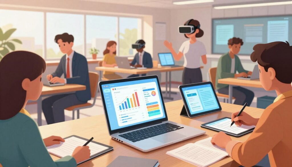 A futuristic study environment showcasing educational AI tools for academic success. In the foreground, a sleek laptop displays vibrant graphs and interactive learning modules, surrounded by digital tablets containing notes and study resources. The middle ground features a diverse group of students in professional business attire or modest casual clothing, engaged in collaborative work, utilizing AI-driven apps and virtual reality headsets. In the background, a bright, open learning space with large windows allows sunlight to pour in, illuminating the innovative technology around them. The atmosphere is focused and dynamic, highlighting the synergy between students and AI tools. Use a warm color palette to convey a sense of optimism and motivation, with soft lighting and a slight wide-angle lens effect to enhance depth.