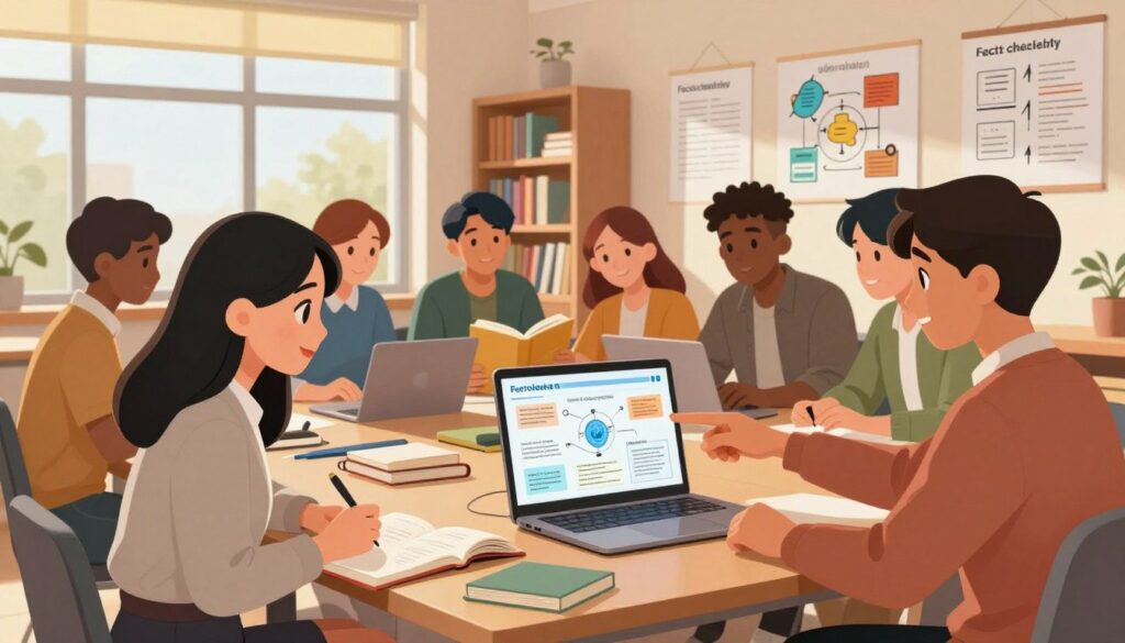 A group of diverse students engaged in a collaborative workspace, actively discussing and analyzing various informational materials, such as books, articles, and digital resources. In the foreground, a focused young woman in professional attire takes notes while a young man points to a complex infographic on a laptop screen. The background features shelves filled with educational resources and a large window letting in warm, natural light that enhances the inviting atmosphere. Several diagrams illustrating fact-checking techniques and source credibility hang on the walls, subtly enriching the educational context. The scene captures a spirit of inquiry and teamwork, emphasizing the importance of developing information literacy skills in a supportive learning environment. The composition should be vibrant yet professional, conveying an atmosphere of collaboration and enlightenment. A group of diverse students engaged in a collaborative workspace, actively discussing and analyzing various informational materials, such as books, articles, and digital resources. In the foreground, a focused young woman in professional attire takes notes while a young man points to a complex infographic on a laptop screen. The background features shelves filled with educational resources and a large window letting in warm, natural light that enhances the inviting atmosphere. Several diagrams illustrating fact-checking techniques and source credibility hang on the walls, subtly enriching the educational context. The scene captures a spirit of inquiry and teamwork, emphasizing the importance of developing information literacy skills in a supportive learning environment. The composition should be vibrant yet professional, conveying an atmosphere of collaboration and enlightenment.