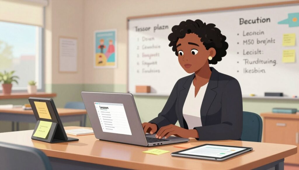 A modern, bright classroom setting with a teacher at a desk using a laptop, showcasing the streamlined lesson plan content on the screen. In the foreground, focus on a well-organized workspace with colorful sticky notes and a digital tablet. In the middle, the teacher, a middle-aged Black woman, is dressed in professional business attire, intently observing the laptop. In the background, a whiteboard filled with neatly written lesson outlines and educational posters. Soft, natural light fills the room from large windows, creating an inviting and productive atmosphere. The mood is one of efficiency and inspiration, emphasizing the ease of automated content generation that aids teachers in their workflow.