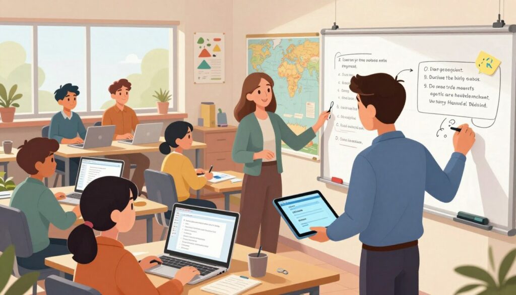 A modern classroom scene featuring a diverse group of teachers engaged in collaborative work, highlighting enhanced productivity through AI tools. In the foreground, a teacher in professional attire is analyzing a tablet displaying educational software, while another educator writes ideas on a digital whiteboard. The middle layer shows students' desks with laptops open, showcasing AI-generated content like questions and summaries. In the background, large windows let in soft, natural light, creating a bright and inviting atmosphere. The walls are adorned with historical maps and educational posters. The mood is energetic and focused, reflecting a positive and innovative learning environment, captured in a slightly elevated angle to encompass the dynamic interactions and advanced technology in use.