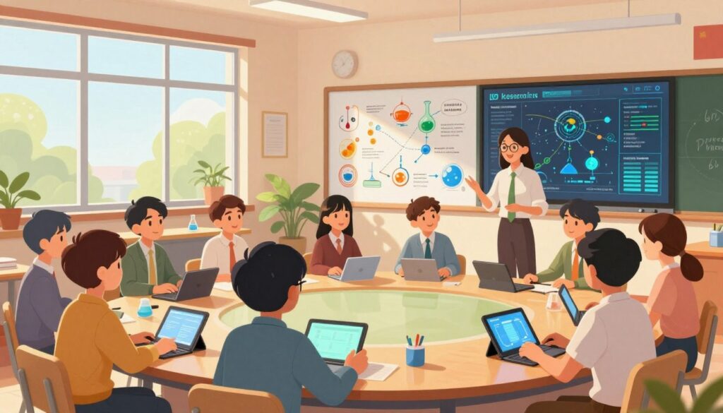 A modern classroom setting, emphasizing the concept of a "research learning course" for science teachers. In the foreground, diverse students engaged in collaborative discussions, dressed in business casual attire, surrounded by high-tech educational tools like tablets and interactive whiteboards. The middle layer showcases a large wall filled with vibrant diagrams of scientific concepts and a digital display showing evolving data charts. In the background, a large window lets in natural light, illuminating the space, with greenery visible outside to create a fresh and inviting atmosphere. Soft, warm lighting enhances the focus on the students’ engagement and enthusiasm for learning. The overall mood is inspiring and forward-thinking, reflecting the excitement of navigating the future of science pedagogy. A modern classroom setting, emphasizing the concept of a "research learning course" for science teachers. In the foreground, diverse students engaged in collaborative discussions, dressed in business casual attire, surrounded by high-tech educational tools like tablets and interactive whiteboards. The middle layer showcases a large wall filled with vibrant diagrams of scientific concepts and a digital display showing evolving data charts. In the background, a large window lets in natural light, illuminating the space, with greenery visible outside to create a fresh and inviting atmosphere. Soft, warm lighting enhances the focus on the students’ engagement and enthusiasm for learning. The overall mood is inspiring and forward-thinking, reflecting the excitement of navigating the future of science pedagogy.
