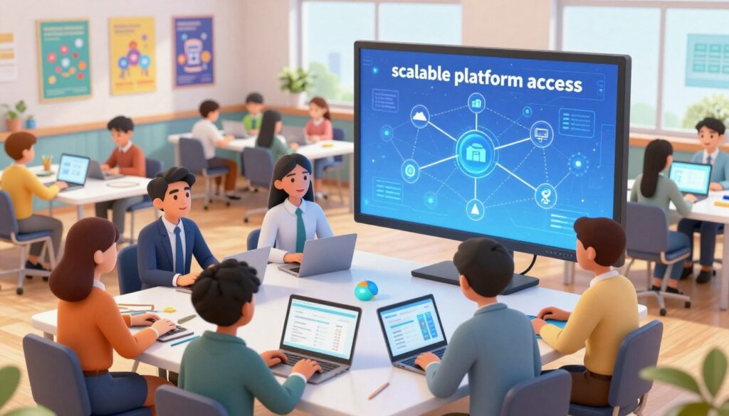 A modern, digital workspace illustrating "scalable platform access" for educational use. In the foreground, a diverse group of teachers, dressed in professional business attire, collaborates around a sleek table with laptops open, displaying data on educational metrics. In the middle ground, a large digital screen showcases a network diagram with connected nodes representing various school sizes, symbolizing adaptability and growth. The background features an expansive classroom filled with students engaged in interactive learning, with vibrant posters depicting technology-driven education. Soft, natural lighting streams through large windows, creating a bright and inviting atmosphere. The angle is slightly elevated, capturing both the collaborative environment and the technological integration, evoking a mood of innovation and possibility.