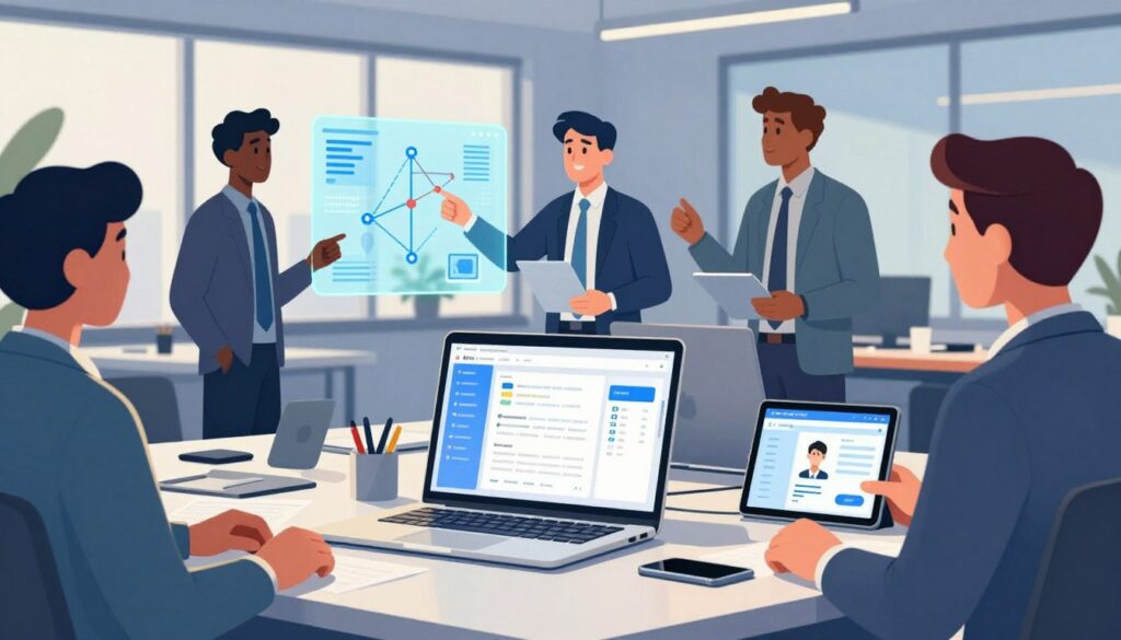 A modern office environment showcasing a sleek desk cluttered with digital devices representing educational AI workflow tools. In the foreground, there is a laptop displaying a vibrant dashboard of an AI tool, alongside a tablet showing a student’s progress interface. The middle ground features a diverse group of professionals in business attire, collaborating and discussing ideas, with one pointing at a holographic display of algorithms and data-driven graphics. The background consists of large windows letting in natural light, casting soft shadows that enhance the focus on the tools. The atmosphere is upbeat and productive, highlighting innovation in education through technology, with a color palette of cool blues and warm ambient light, evoking a sense of optimism and efficiency.