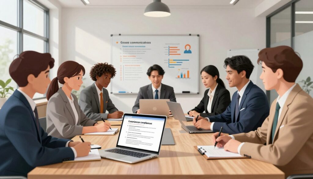 A modern office environment with a diverse group of professionals engaged in a collaborative discussion about group messaging compliance. In the foreground, a neatly arranged conference table showcasing a laptop with compliance guidelines displayed. Diverse professionals, dressed in professional business attire, are seated, actively taking notes, and sharing ideas. In the middle, a whiteboard features colorful charts and bullet points outlining best practices for effective communication. The background features a well-lit, contemporary office space with large windows allowing natural light to filter through, casting soft shadows. The atmosphere conveys focus, productivity, and teamwork, with an emphasis on professionalism. The image should be bright and inviting, capturing a sense of collaboration while emphasizing the importance of compliance in group communications.