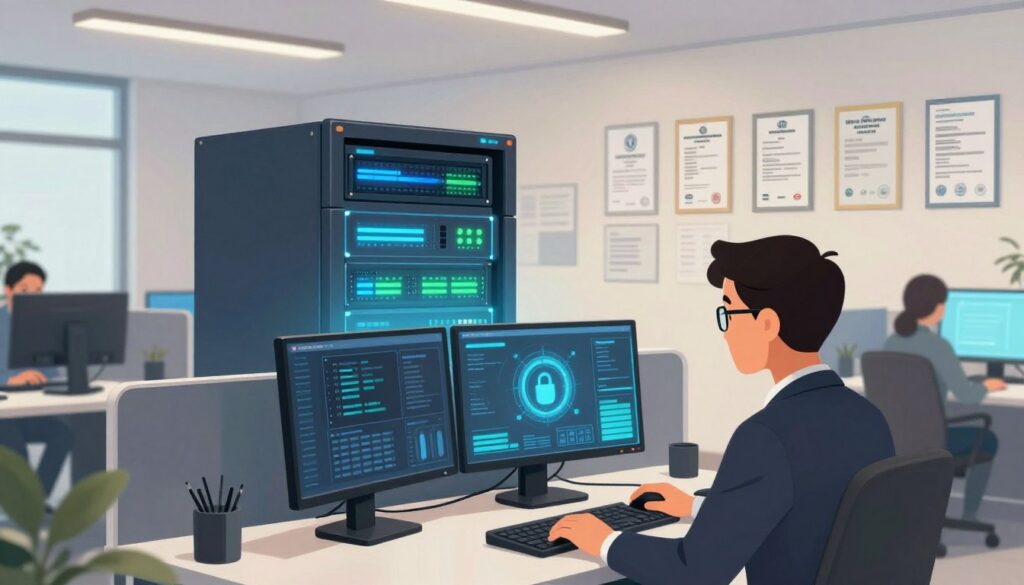 A modern office interior showcasing advanced data security privacy measures. In the foreground, a secure computer workstation with a dual-monitor setup displays encrypted data interfaces, while a professional individual in business attire emphasizes focus on data protection. The middle layer features a sleek, high-tech firewall visual, glowing with blue and green lights, symbolizing cybersecurity. In the background, a wall filled with certifications and privacy policies underscores the commitment to data security. Soft, diffused lighting creates an atmosphere of professionalism and trust, with a hint of warmth to invite confidence in the research environment. The angle is slightly elevated, giving an expansive view of the space while maintaining a clear focus on the security elements.