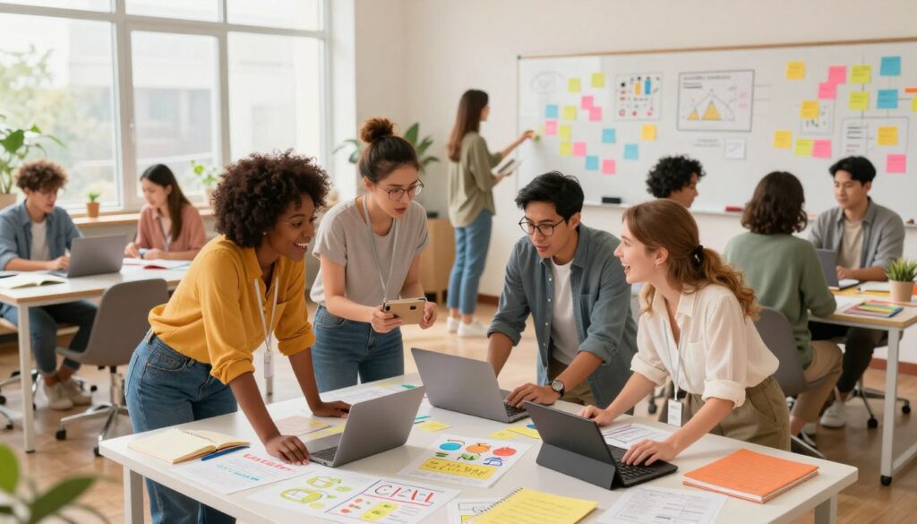 A modern office space filled with diverse teachers engaged in collaborative planning. In the foreground, two women, one Black and one Caucasian, are leaning over a large table covered with colorful lesson plans, notebooks, and digital devices, both wearing smart casual clothing. In the middle ground, a group of teachers, including a Hispanic man and an Asian woman, are discussing animatedly while reviewing resources on a laptop. The background features a vibrant whiteboard filled with sticky notes and diagrams, and large windows allowing natural light to flood the room, creating a warm and inviting atmosphere. The scene conveys teamwork, creativity, and shared purpose, captured from a slightly elevated angle to emphasize the dynamic collaboration among teachers. A modern office space filled with diverse teachers engaged in collaborative planning. In the foreground, two women, one Black and one Caucasian, are leaning over a large table covered with colorful lesson plans, notebooks, and digital devices, both wearing smart casual clothing. In the middle ground, a group of teachers, including a Hispanic man and an Asian woman, are discussing animatedly while reviewing resources on a laptop. The background features a vibrant whiteboard filled with sticky notes and diagrams, and large windows allowing natural light to flood the room, creating a warm and inviting atmosphere. The scene conveys teamwork, creativity, and shared purpose, captured from a slightly elevated angle to emphasize the dynamic collaboration among teachers.