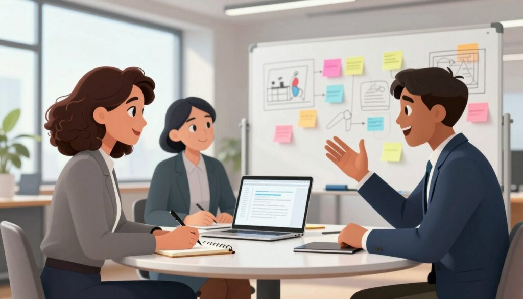 A modern office workspace scene featuring a diverse group of three professionals brainstorming around a sleek round table. In the foreground, a confident woman in professional attire is jotting down key points on a notepad, while a man in a smart suit gestures excitedly, showcasing ideas. The middle ground includes a laptop displaying concise message drafts and a large whiteboard filled with colorful sticky notes and drawings. The background shows large windows with natural light pouring in, enhancing the vibrant atmosphere. The depth of field blurs the background slightly, focusing on the group's collaboration. The mood is dynamic and creative, embodying teamwork and effective communication in a corporate setting.