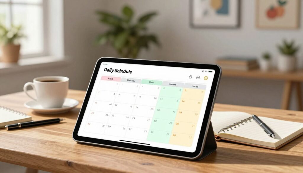 A modern, organized daily schedule displayed on a sleek digital tablet on a stylish wooden desk. The foreground features a calendar interface with clearly defined time blocks for various tasks like work, exercise, and leisure. In the middle, a cup of coffee and a notebook with a pen sit beside the tablet, adding a personal touch. The background includes a softly lit room with plants and inspiring artwork on the walls, creating a motivational atmosphere. Natural light filters through a nearby window, casting gentle shadows and highlighting the details. The overall mood is professional yet inviting, perfect for cultivating productivity and focus.