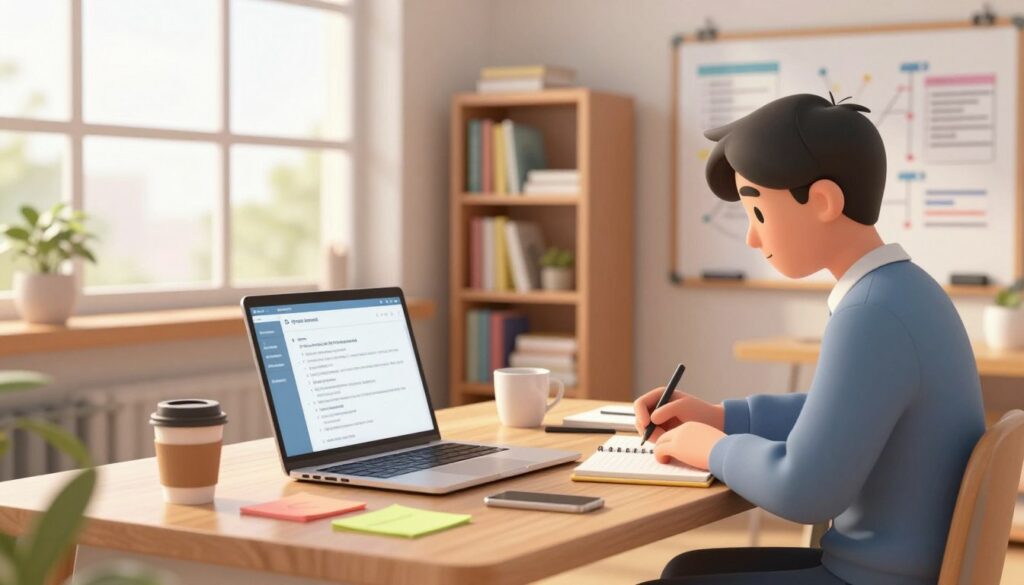 A modern study workspace showcasing an efficient workflow. In the foreground, a neatly organized desk with a laptop displaying a study guide interface, colorful notes, and a coffee cup. To the right, a student, depicted in professional casual attire, is focused on writing in a notebook. The middle ground features a large window with soft, natural light streaming in, illuminating a bookshelf filled with textbooks and study materials. In the background, a wall-mounted whiteboard with diagrams and lists, emphasizing a structured study plan. The atmosphere is calm and productive, with a slight depth-of-field effect to highlight the student's concentration. The lighting is warm and inviting, creating a motivating and inspiring study environment.