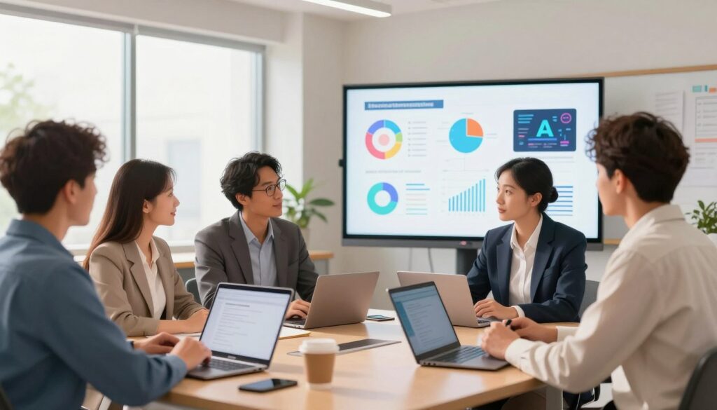 A modern, vibrant professional development workshop set in a well-lit conference room. In the foreground, a diverse group of five educators, dressed in professional business attire, engaged in collaborative discussions, with laptops and notepads on the table. In the middle ground, an interactive whiteboard displaying colorful charts and AI-related images, indicating a focus on innovative teaching methods. The background features large windows allowing natural light to flood the room, creating an inviting atmosphere. Soft shadows enhance the scene, and a slight depth of field blurs the background slightly, putting emphasis on the engaged educators. The overall mood is positive, dynamic, and forward-thinking, illustrating the importance of equipping educators with the skills to navigate AI in education effectively.
