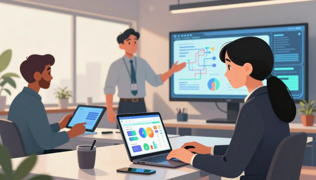 A modern workspace featuring a diverse group of professionals analyzing AI research tools. In the foreground, a focused woman in smart business attire sits at a sleek desk, utilizing a laptop displaying a colorful interface showcasing data analytics and educational resources. To her left, a middle-aged man adjusts a digital tablet, while a young professional enthusiastically gestures, discussing insights. The background displays a futuristic large monitor showcasing graphs and flowcharts. Soft, diffused lighting creates a warm atmosphere, while a large window allows natural light to flood the space, reflecting a serious yet collaborative mood. The overall composition emphasizes innovation, collaboration, and advanced research technology. A modern workspace featuring a diverse group of professionals analyzing AI research tools. In the foreground, a focused woman in smart business attire sits at a sleek desk, utilizing a laptop displaying a colorful interface showcasing data analytics and educational resources. To her left, a middle-aged man adjusts a digital tablet, while a young professional enthusiastically gestures, discussing insights. The background displays a futuristic large monitor showcasing graphs and flowcharts. Soft, diffused lighting creates a warm atmosphere, while a large window allows natural light to flood the space, reflecting a serious yet collaborative mood. The overall composition emphasizes innovation, collaboration, and advanced research technology.