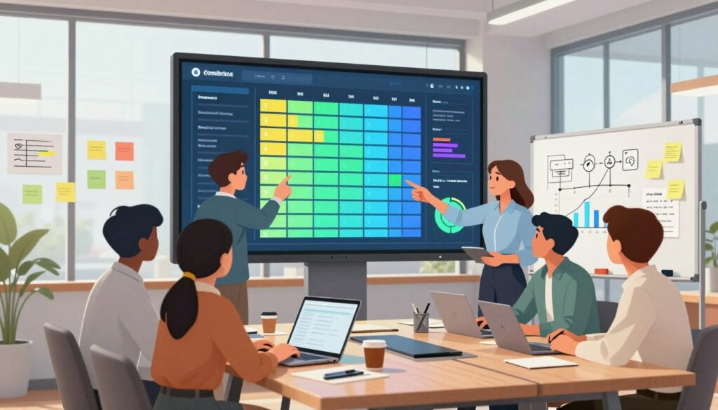 A modern workspace featuring a large digital dashboard displaying colorful project tracking metrics and timelines. In the foreground, a diverse group of four professionals, dressed in smart casual attire, are engaged in discussion, pointing at the screen. The middle ground shows sticky notes and graphs on a whiteboard, representing ideas and deadlines, complemented by a large conference table cluttered with laptops and notepads. In the background, large windows allow natural light to fill the room, enhancing a vibrant yet focused atmosphere. The scene conveys a sense of collaboration and urgency, emphasizing the importance of monitoring progress through robust checkpoints. The overall mood is optimistic and productive, capturing the essence of effective project management.
