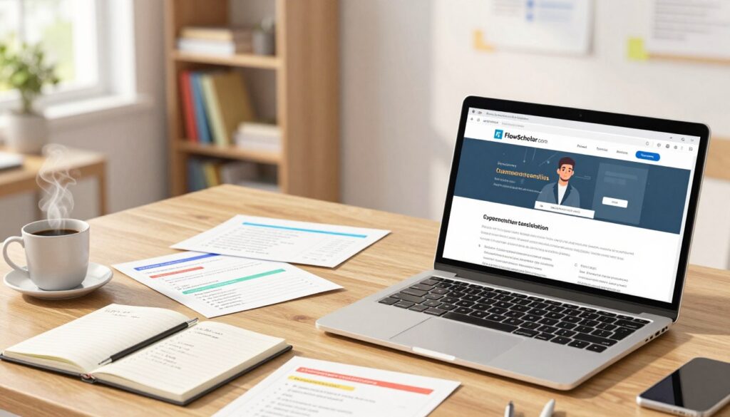 A modern workspace featuring a wooden desk scattered with colorful personalized practice quizzes, each with varying difficulty levels and subject matter. In the foreground, close-up of an open laptop displaying the FlowScholar.com homepage, reflecting a user-friendly interface. To the left, a cup of steaming coffee and a notepad filled with handwritten notes, indicating active learning. In the middle, a soft-focused bookshelf filled with educational materials creates a warm, inviting atmosphere. The background shows a large window that allows natural light to flood in, casting gentle shadows, adding a serene touch to the scene. The overall mood is focused and inspiring, suggesting a productive tutoring session tailored to individual learning styles.