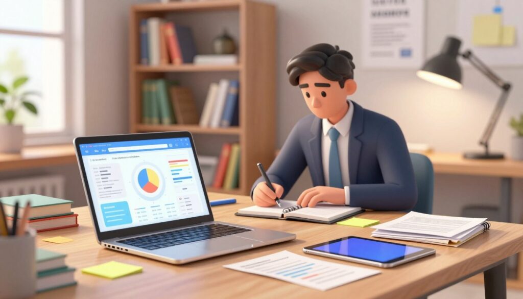 A modern workspace featuring various education AI tools for research. In the foreground, showcase a sleek laptop with an open screen displaying infographics, a digital notepad, and a tablet. Surround these devices with books, research papers, and colorful sticky notes. In the middle ground, include a well-dressed professional, focused on taking notes, surrounded by a soft light from a nearby desk lamp, creating a warm atmosphere. The background should present a wall shelf filled with academic books and neatly arranged resources. Use a soft-focus lens effect to emphasize depth, while natural light streams in from a window, enhancing the productivity vibe of the workspace. The overall mood should be inspiring and dynamic, reflecting the efficiency and innovation of AI in educational research.