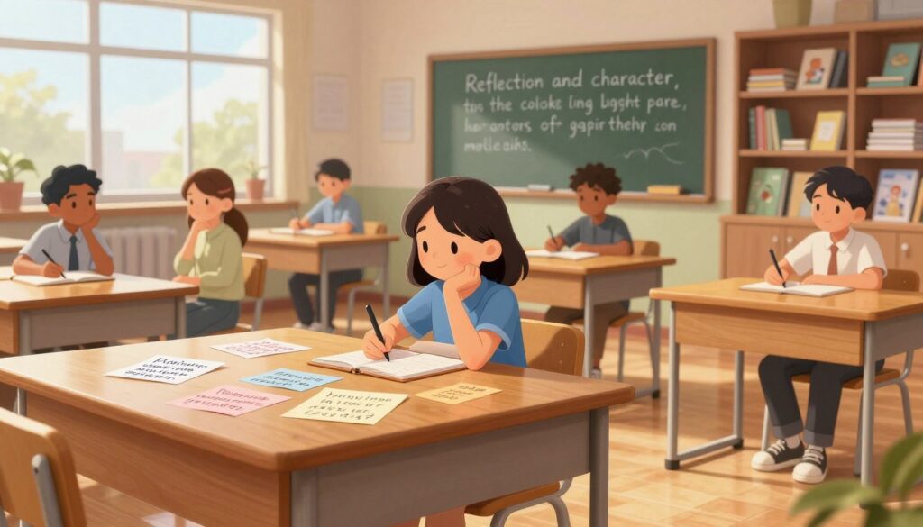 A peaceful, inviting classroom scene, featuring a large wooden desk in the foreground, scattered with colorful handwritten quotes on inspirational paper. In the middle, a chalkboard displays a beautifully written quote about reflection and character. Around it, soft natural light streams through large windows, illuminating the warm wooden floors and creating a serene atmosphere. Students of diverse backgrounds, dressed in comfortable yet professional clothing, engage in quiet reflection, jotting down their thoughts in notebooks. In the background, bookshelves filled with various educational materials enhance the scholarly feel. A gentle focus on the students’ expressions conveys a sense of contemplation and growth, emphasizing the nurturing environment for learning and personal development.