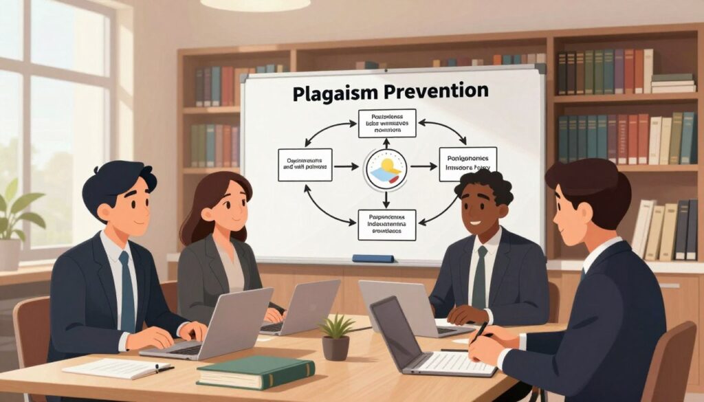 A professional and organized office environment illustrating a plagiarism prevention workflow. In the foreground, a diverse group of three professionals, dressed in smart business attire, engage in a collaborative discussion around a large table filled with reference books, laptops, and notepads. In the middle, a whiteboard displays a step-by-step flowchart detailing the plagiarism prevention process, with arrows and diagrams. The background showcases bookshelves filled with academic texts and a large window allowing natural light to flood the room, creating a warm and inviting atmosphere. The overall mood is focused and productive, emphasizing clarity and structure in the fight against plagiarism. The composition is designed with a slightly elevated angle, capturing both the group’s interaction and the detailed workflow on the board.