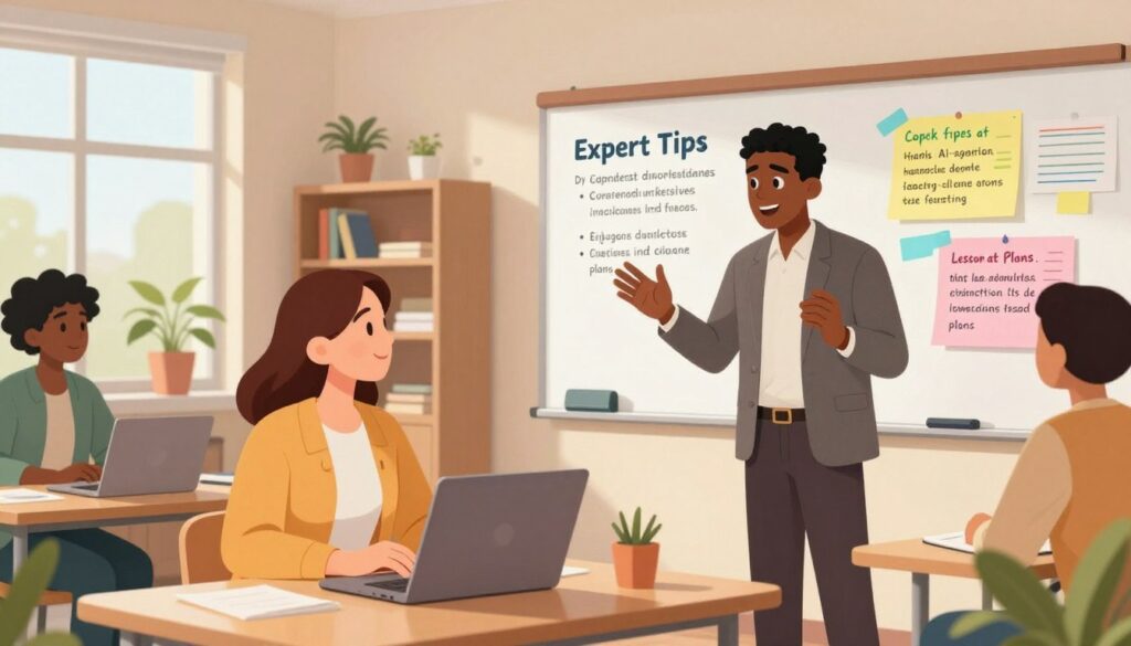 A professional workspace featuring a diverse group of educators engaged in a collaborative session. In the foreground, a Caucasian woman in smart casual attire is focused on a laptop, while a Black man in a tailored blazer gestures enthusiastically, sharing insights. The middle ground showcases a whiteboard filled with colorful chart paper and text, illustrating expert tips and strategies for incorporating AI-generated materials into lesson plans. In the background, a bright and airy classroom with well-organized shelves, plants, and natural light streaming through large windows adds to the positive atmosphere. The image is lit with soft, warm lighting, creating an inviting and inspiring mood, perfect for showcasing innovation in education. A professional workspace featuring a diverse group of educators engaged in a collaborative session. In the foreground, a Caucasian woman in smart casual attire is focused on a laptop, while a Black man in a tailored blazer gestures enthusiastically, sharing insights. The middle ground showcases a whiteboard filled with colorful chart paper and text, illustrating expert tips and strategies for incorporating AI-generated materials into lesson plans. In the background, a bright and airy classroom with well-organized shelves, plants, and natural light streaming through large windows adds to the positive atmosphere. The image is lit with soft, warm lighting, creating an inviting and inspiring mood, perfect for showcasing innovation in education.