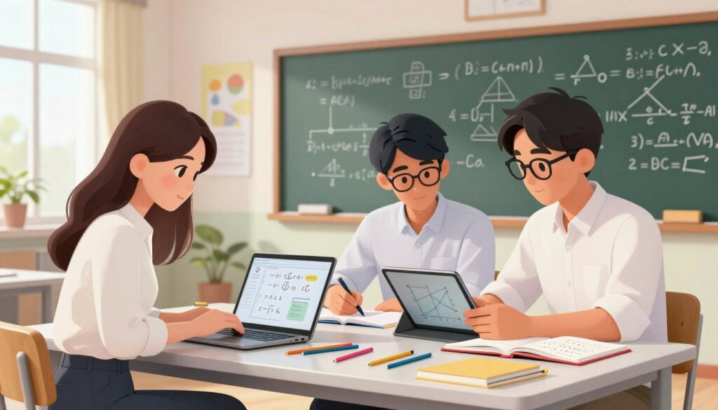 A scene portraying two students engaged in collaborative math work, sitting at a modern study table filled with various math notebooks and colorful stationery. In the foreground, a focused female student, dressed in professional casual attire, types on a laptop, while a male student next to her, wearing glasses and a neat shirt, studies a graph on a tablet. The middle ground features a chalkboard with neatly written formulas and flowcharts showcasing efficient problem-solving techniques. In the background, a bright classroom lined with educational posters and natural light streaming through large windows creates a motivational atmosphere. The overall mood is productive and inspiring, highlighting teamwork and the efficient use of technology to save time in administrative tasks.