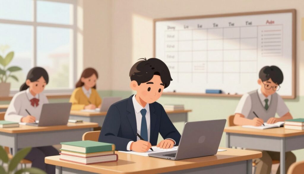 A serene and organized study environment showcasing a diverse group of students engaged in various routines. In the foreground, a student in professional attire is reviewing notes, surrounded by neatly stacked books and a laptop, symbolizing focus and preparation. The middle ground features a whiteboard with a clear daily schedule, while another student is writing gently on a planner, reflecting organization and time management. In the background, large windows let in soft, natural light, creating a warm and inviting atmosphere. The scene conveys a sense of motivation and consistency, emphasizing the importance of structured routines. The overall mood is productive and inspiring, with a subtle depth of field effect to keep the focus on the students and their activities.