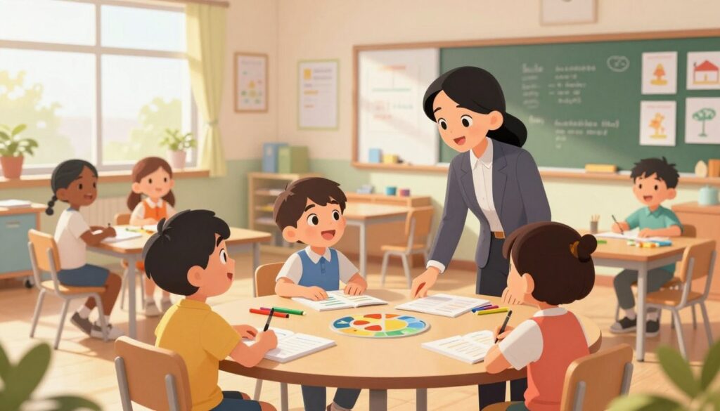 A serene classroom setting featuring a diverse group of students engaged in various instructional routines. In the foreground, a female teacher in professional attire is guiding three students around a round table filled with colorful learning materials. The students, two boys and a girl, are actively participating, looking curious and excited. In the middle ground, the classroom features a whiteboard with visual aids and a bulletin board showcasing student work, creating a familiar learning atmosphere. In the background, sunlight filters through large windows, casting a warm, inviting glow across the room. The overall mood is positive and dynamic, highlighting engagement and consistency in daily learning. Capture this scene from a slightly elevated angle for depth and clarity.