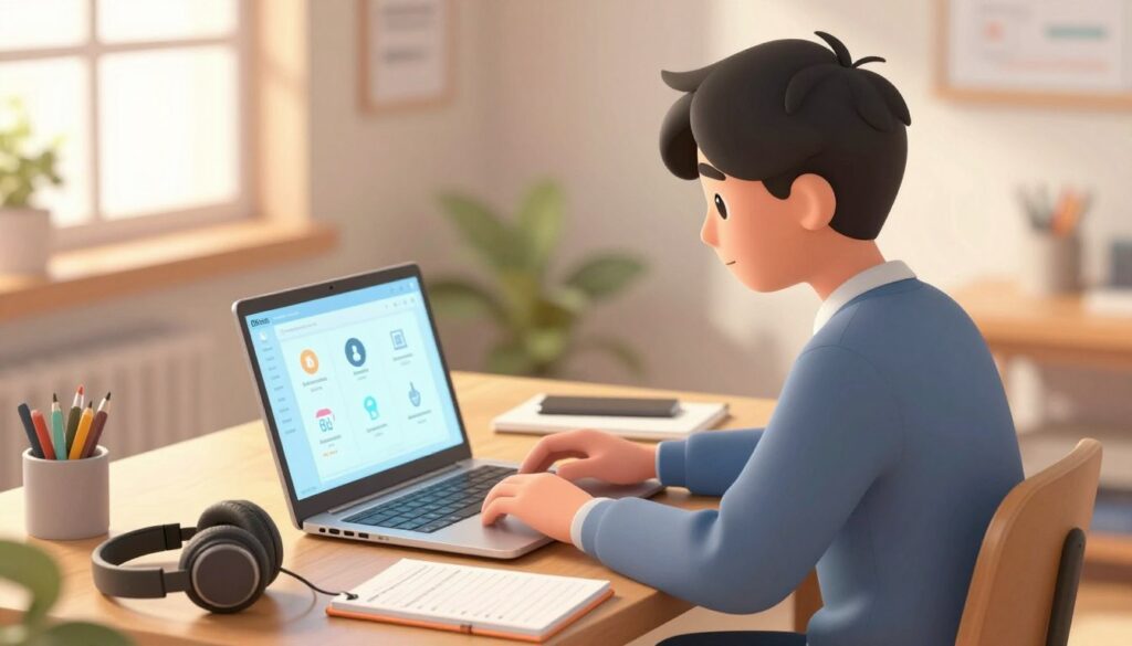 A serene digital environment depicting a focused student, seated at a clutter-free desk in front of a laptop, reveals various online drama triggers on the screen as subtle icons. In the foreground, a pair of headphones rests beside an organized notebook filled with study notes. In the middle, the student, dressed in smart casual attire, displays a calm expression while engaging with the digital content, symbolizing focus despite distractions. The background features a soft, blurred room with warm lighting filtering in through a window, creating a cozy atmosphere. The composition uses a slight upward angle to emphasize the student's determination and productivity, capturing the essence of managing online interactions effectively.
