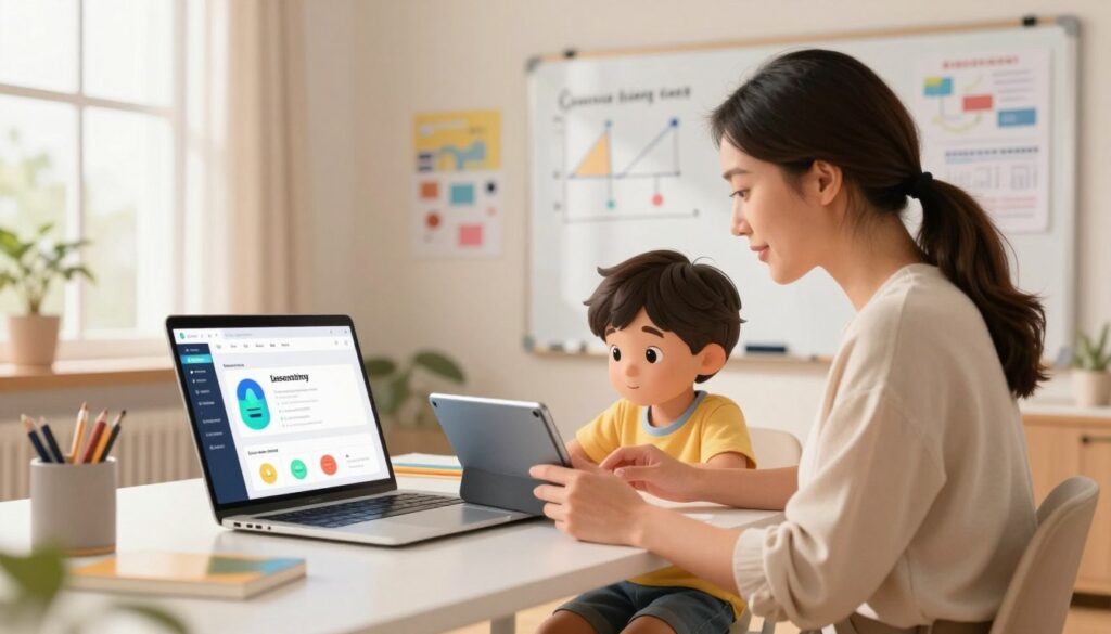 A serene home study environment featuring a modern desk with a laptop open, displaying a colorful AI-driven personalized learning platform interface. In the foreground, a focused, professional-looking mother in modest casual clothing assists her young child, who is engaged and curious, using a tablet. The middle ground shows bright educational materials and a whiteboard filled with diagrams and notes, emphasizing collaboration and creativity. In the background, soft natural light streams through a window, enhancing the warm atmosphere of learning. The scene captures a sense of innovation and support, conveying the concept of leveraging AI for tailored daily learning plans. Use a slightly angled perspective to create depth, with a warm color palette that evokes positivity and inspiration. A serene home study environment featuring a modern desk with a laptop open, displaying a colorful AI-driven personalized learning platform interface. In the foreground, a focused, professional-looking mother in modest casual clothing assists her young child, who is engaged and curious, using a tablet. The middle ground shows bright educational materials and a whiteboard filled with diagrams and notes, emphasizing collaboration and creativity. In the background, soft natural light streams through a window, enhancing the warm atmosphere of learning. The scene captures a sense of innovation and support, conveying the concept of leveraging AI for tailored daily learning plans. Use a slightly angled perspective to create depth, with a warm color palette that evokes positivity and inspiration.