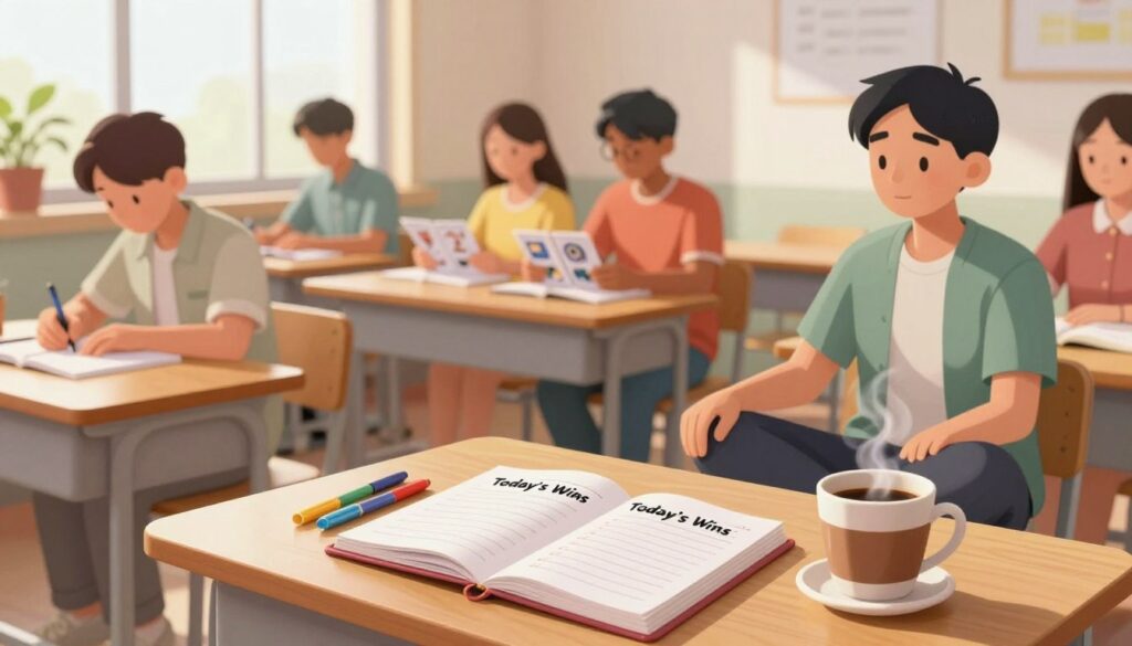 A serene morning scene depicting a structured daily routine for students. In the foreground, a neatly arranged wooden desk with a planner open to a fresh page titled "Today's Wins," accompanied by colorful pens and a steaming cup of coffee. In the middle ground, a diverse group of focused students engage in various productive activities: one writes thoughtful notes, another reviews flashcards, and a third meditates with a calm expression, all dressed in casual, comfortable clothing. The soft morning light streams through a nearby window, creating a warm and inviting atmosphere. In the background, a few potted plants add a touch of nature, enhancing the overall sense of tranquility. The composition captures a motivating start to the day, emphasizing focus and intent.