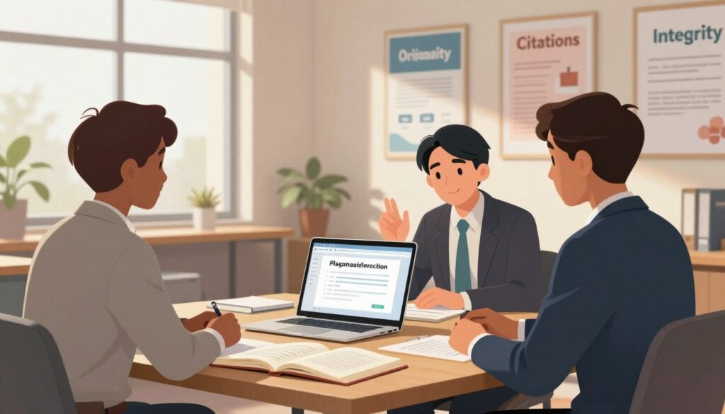 A serene office environment featuring a large wooden desk with open books and a laptop displaying a plagiarism detection software interface. In the foreground, a diverse group of three professionals—two men and one woman—are engaged in a focused discussion about plagiarism prevention principles, all dressed in smart business attire. In the middle ground, inspirational posters with concepts like "Originality", "Citations", and "Integrity" hang on the walls, subtly visible. The background reveals large windows allowing soft, natural light to stream in, casting gentle shadows and creating a welcoming atmosphere. The mood should be collaborative and thoughtful, emphasizing the importance of integrity and creativity in academic work.