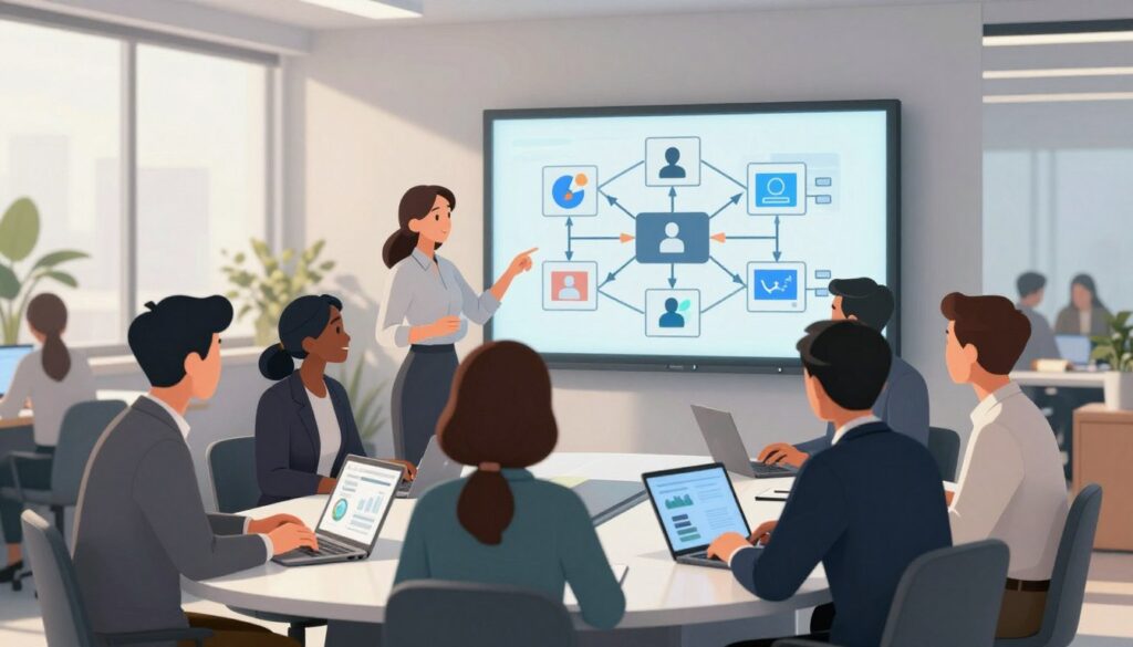 A serene office environment showcasing a seamless administrative flow. In the foreground, a diverse group of professionals in business attire collaborates around a sleek conference table, analyzing charts and digital devices. In the middle, a transparent display board highlights interconnected diagrams illustrating communication paths and task management, symbolizing the streamlined processes. The background features a modern office space with large windows allowing natural light to pour in, creating an inviting atmosphere. Soft shadows enhance the depth, while a slight blur suggests activity outside. The mood is focused and productive, emphasizing teamwork and efficient management in an educational setting. The image should capture professionalism and forward-thinking communication strategies without any text or distractions.