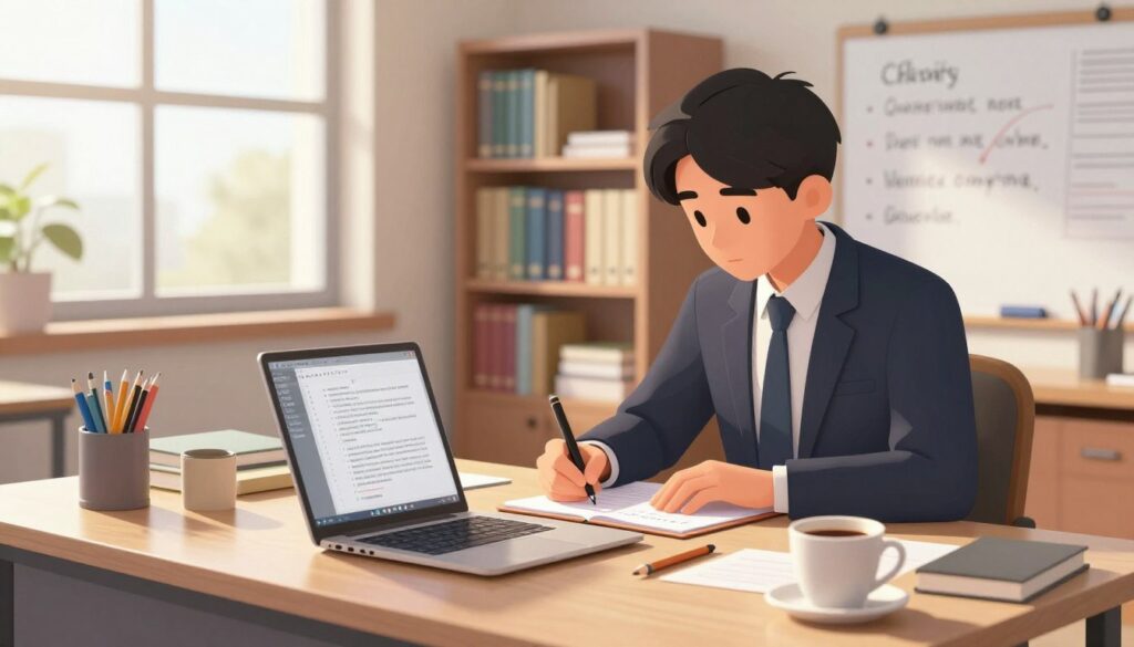 A serene office setting emphasizing writing clarity. In the foreground, a stylish desk features neatly arranged stationery, a laptop with an open word processor displaying a clearly structured document, and a cup of coffee. The middle ground showcases a focused student in professional business attire, deeply engaged in note-taking. Natural light streams in through a large window, illuminating the space with a warm glow and creating a calm atmosphere. In the background, bookshelves filled with organized study materials and a whiteboard with highlighted keywords enhance the sense of scholarly dedication. The overall mood is one of concentration and productivity, capturing the essence of clarity in writing. The image is framed with a slightly angled perspective to create depth.