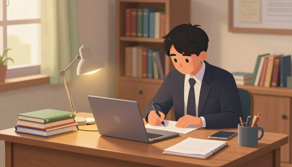 A serene study environment depicting a consistent academic routine. In the foreground, a well-organized wooden desk with a stack of neatly arranged notebooks and textbooks, accompanied by a classic desk lamp casting a warm glow. In the middle, a focused student, dressed in professional business attire, is diligently reviewing notes, surrounded by stationery and a laptop, reflecting concentration and engagement. In the background, a cozy bookshelf filled with academic literature and a window showing a gentle afternoon light filtering through sheer curtains, creating a peaceful atmosphere. The overall mood is one of productivity and dedication, symbolizing academic consistency through a structured routine. The angle should be slightly elevated to capture both the student and the inviting workspace.