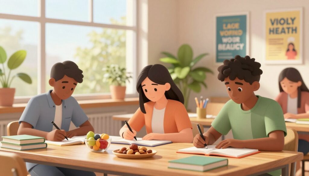 A serene study environment that conveys the theme of student health amidst academic pressure. In the foreground, a diverse group of three students of different ethnicities, dressed in casual yet professional attire, reflects focus and determination while engaged in studying at a large wooden table littered with textbooks, notebooks, and healthy snacks like fruits and nuts. In the middle ground, soft sunlight streams through a window, illuminating the area and creating a warm, inviting atmosphere. Lush indoor plants add a touch of greenery, promoting wellness and a calming effect. In the background, motivational posters can be seen on the walls, encouraging positive thinking and mental health. The overall mood is one of calm productivity, combining the pressures of academics with the importance of maintaining health and well-being. The image should use soft, natural lighting and a shallow depth of field to enhance focus on the students.