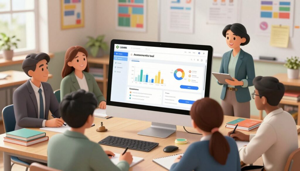 A sleek and modern customized assessments tool interface displayed on a desktop screen, surrounded by various colorful educational materials like books and notebooks. In the foreground, a diverse group of teachers in professional business attire collaborates around a large table, examining the tool's features and discussing strategies to meet diverse student needs. The middle ground features a close-up of the computer screen showing the user-friendly interface, with graphs and question templates showcased. The background includes a well-lit classroom filled with posters and a whiteboard, enhancing an inspiring and productive atmosphere. Soft natural lighting comes through the windows, creating a warm and inviting environment, shot from a slight upward angle to emphasize collaboration and innovation. A sleek and modern customized assessments tool interface displayed on a desktop screen, surrounded by various colorful educational materials like books and notebooks. In the foreground, a diverse group of teachers in professional business attire collaborates around a large table, examining the tool's features and discussing strategies to meet diverse student needs. The middle ground features a close-up of the computer screen showing the user-friendly interface, with graphs and question templates showcased. The background includes a well-lit classroom filled with posters and a whiteboard, enhancing an inspiring and productive atmosphere. Soft natural lighting comes through the windows, creating a warm and inviting environment, shot from a slight upward angle to emphasize collaboration and innovation.