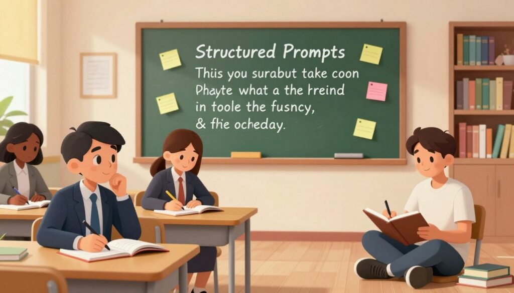 A split scene illustrating the contrast between structured writing prompts and free writing. In the foreground, on the left, a classroom with a diverse group of students attentively engaged with notebooks and pens, dressed in professional business attire, showcasing expressions of concentration and curiosity. In the middle, a large chalkboard displays a visually appealing prompt, surrounded by colorful sticky notes. On the right side, a student casually sitting on the floor in a relaxed pose, writing in a journal, with a creative ambiance. In the background, soft lighting illuminates the space, creating a warm and inviting atmosphere that stimulates creativity, with bookshelves filled with literary works. Capture the difference in engagement levels between structured prompts and open writing, emphasizing the balance in the educational experience.