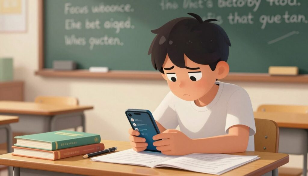 A student in a classroom setting, sitting at a desk with a distracted expression, glancing at a smartphone. The foreground shows the phone displaying various social media notifications, while the middle-ground features textbooks and notes scattered around, symbolizing academic chaos. In the background, a chalkboard outlines inspirational quotes about focus and education, slightly blurred to emphasize the student. The lighting is warm and soft, creating an intimate yet serious atmosphere. The angle is slightly elevated, capturing the contrast between the student's focus on the phone and the educational materials around them. The overall mood conveys anxiety and the overwhelming impact of distractions on mental health, illustrating the struggle between technology and academic success.