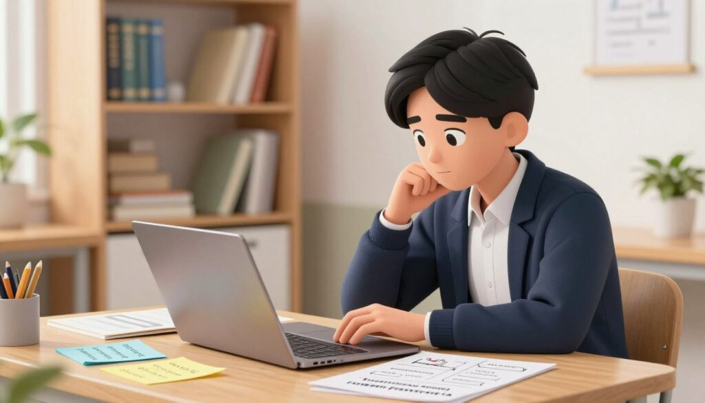 A student sitting at a desk in a bright, focused study environment, diligently creating strong passphrases on a laptop. The foreground features colorful notes and diagrams with examples of secure passwords, emphasizing creativity and strategy. In the middle ground, the student, dressed in smart casual attire, is deeply engaged, with a thoughtful expression while typing. The background shows a well-organized bookshelf filled with books about online safety and digital privacy. Soft, warm lighting creates an inviting atmosphere, while a slight depth of field blurs the background slightly to keep the focus on the student and their task. The mood is one of determination and focus, illustrating the importance of developing strong passwords for students. A student sitting at a desk in a bright, focused study environment, diligently creating strong passphrases on a laptop. The foreground features colorful notes and diagrams with examples of secure passwords, emphasizing creativity and strategy. In the middle ground, the student, dressed in smart casual attire, is deeply engaged, with a thoughtful expression while typing. The background shows a well-organized bookshelf filled with books about online safety and digital privacy. Soft, warm lighting creates an inviting atmosphere, while a slight depth of field blurs the background slightly to keep the focus on the student and their task. The mood is one of determination and focus, illustrating the importance of developing strong passwords for students.
