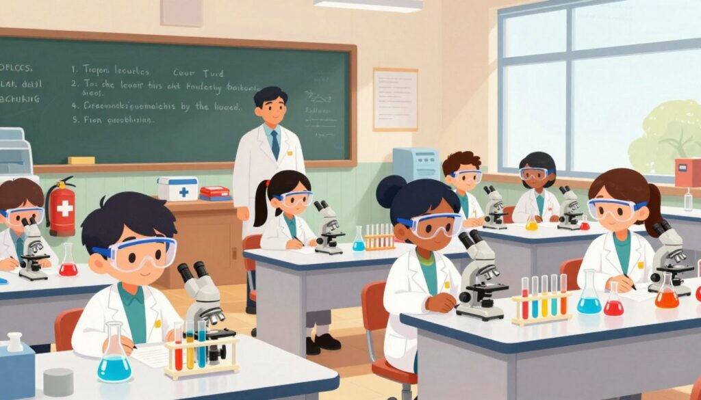 A vibrant K-12 science laboratory scene showcasing students in professional attire focusing on safety protocols. In the foreground, a diverse group of students wears safety goggles and lab coats, studying a colorful chemistry experiment with a microscope and test tubes. In the middle, a well-organized lab station with safety equipment like fire extinguishers, first aid kits, and fume hoods is visible, ensuring compliance. The background features a large chalkboard filled with safety guidelines and a bright window allowing natural light to flood the room, creating a warm and inviting atmosphere. The overall mood is one of enthusiasm for learning and a strong emphasis on safety, with a focus on teamwork and responsibility. A vibrant K-12 science laboratory scene showcasing students in professional attire focusing on safety protocols. In the foreground, a diverse group of students wears safety goggles and lab coats, studying a colorful chemistry experiment with a microscope and test tubes. In the middle, a well-organized lab station with safety equipment like fire extinguishers, first aid kits, and fume hoods is visible, ensuring compliance. The background features a large chalkboard filled with safety guidelines and a bright window allowing natural light to flood the room, creating a warm and inviting atmosphere. The overall mood is one of enthusiasm for learning and a strong emphasis on safety, with a focus on teamwork and responsibility.