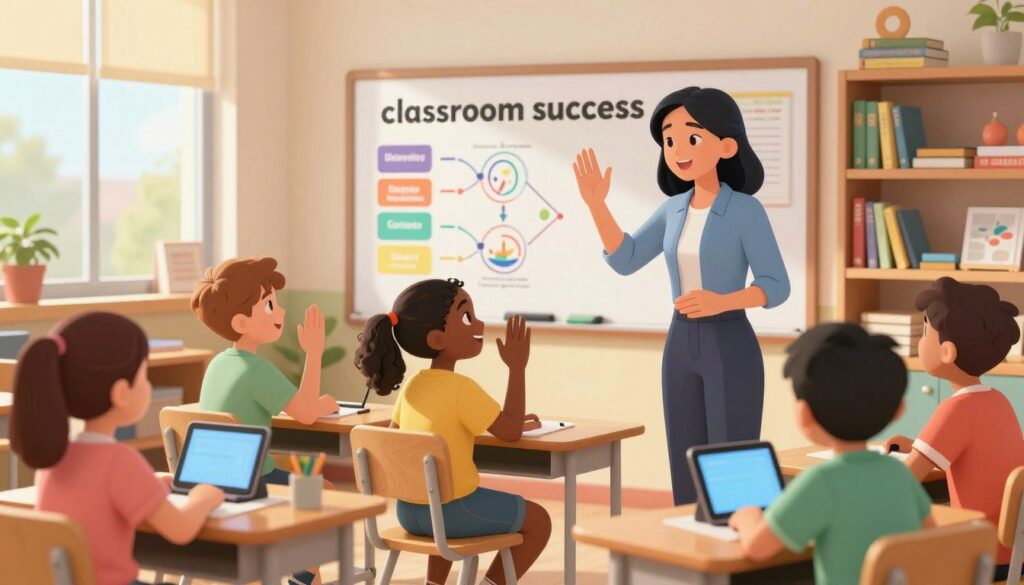 A vibrant and engaging classroom scene depicting a diverse group of students actively participating in a lesson. In the foreground, a female teacher of Asian descent, dressed in smart casual attire, interacts with students. A Caucasian boy raises his hand enthusiastically, while a Black girl smiles as she works on a tablet beside a Hispanic boy. In the middle ground, a large whiteboard showcases colorful diagrams and educational materials, emphasizing different learning styles. The background features shelves filled with books and educational resources. Soft, natural light streams in through large windows, creating a warm, inviting atmosphere. The overall mood reflects collaboration, encouragement, and the joy of learning, embodying the concept of "classroom success."