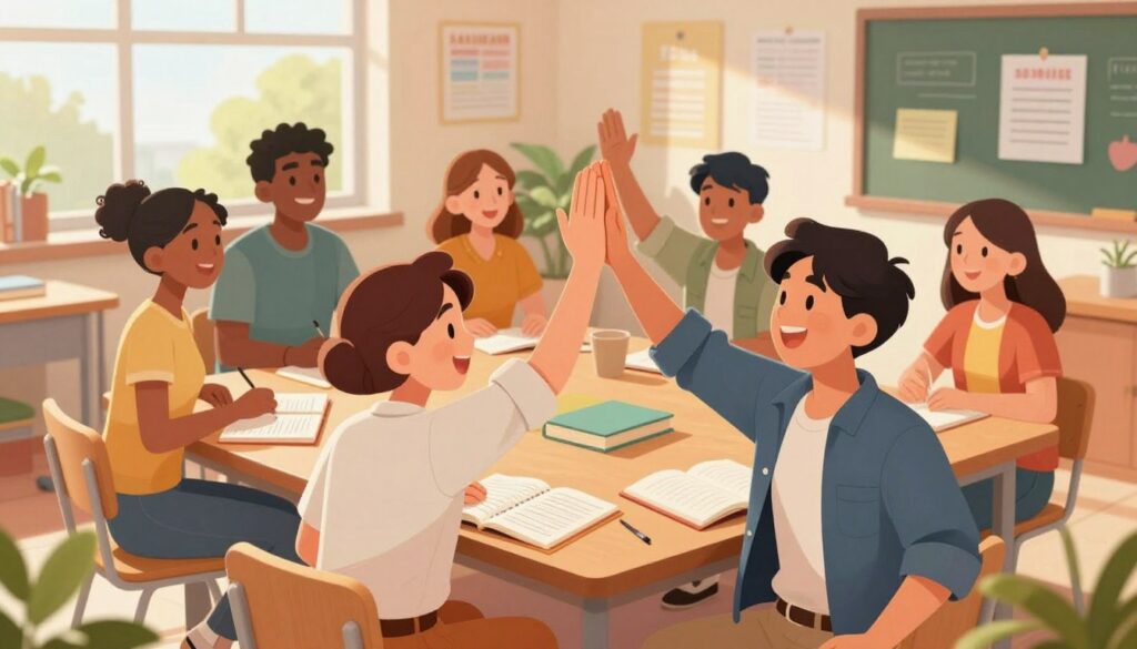A vibrant and inspiring scene showcasing a diverse group of students celebrating their wins in various aspects of student life. In the foreground, two students in professional casual attire share a high-five, radiating joy and accomplishment. In the middle ground, other students gather around a table filled with notebooks and study materials, smiling and discussing their recent achievements. The background captures a bright, sunlit classroom with motivational posters on the walls and greenery outside the windows, enhancing the uplifting atmosphere. Soft, warm lighting infuses the space, creating a sense of optimism and community. The angle is a slightly elevated perspective, emphasizing the interaction among the students while maintaining clarity on the setting.